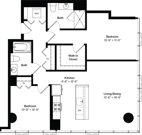 Floor plan for 2 beds, 2 baths, 1175 sqft