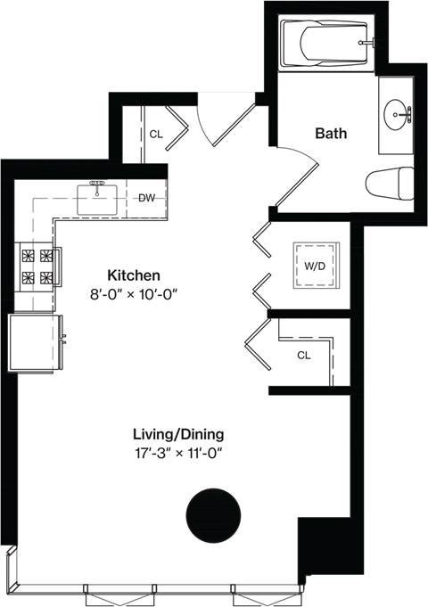 Floor plan for studio, 1 bath, 490 sqft