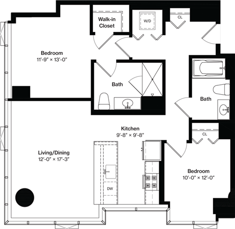 Floor plan for 2 beds, 2 baths, 1075 sqft