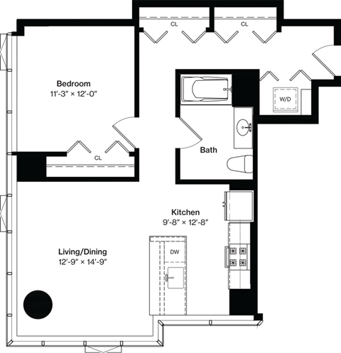 Floor plan for 1 bed, 1 bath, 845 sqft