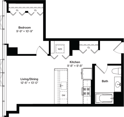 Floor plan for 1 bed, 1 bath, 700 sqft