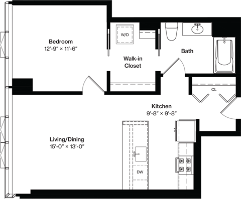 Floor plan for 1 bed, 1 bath, 785 sqft