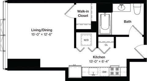 Floor plan for studio, 1 bath, 525 sqft
