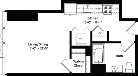 Floor plan for studio, 1 bath, 525 sqft