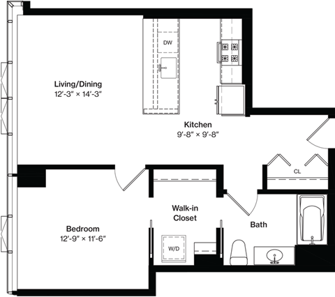 Floor plan for studio, 1 bath, 525 sqft