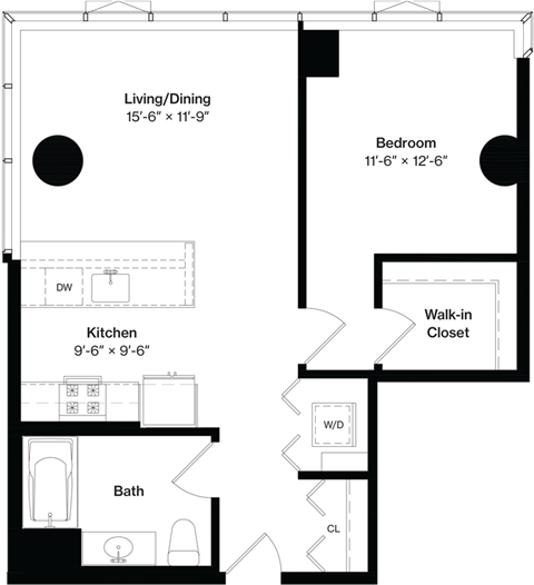 Floor plan for 1 bed, 1 bath, 770 sqft