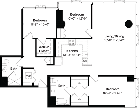 Floor plan for 3 beds, 3 baths, 1555 sqft