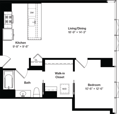 Floor plan for 1 bed, 1 bath, 785 sqft
