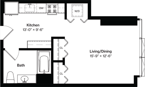 Floor plan for studio, 1 bath, 495 sqft