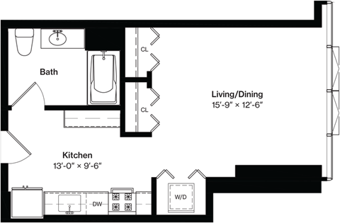 Floor plan for studio, 1 bath, 495 sqft