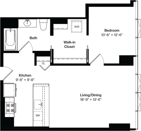 Floor plan for 1 bed, 1 bath, 765 sqft