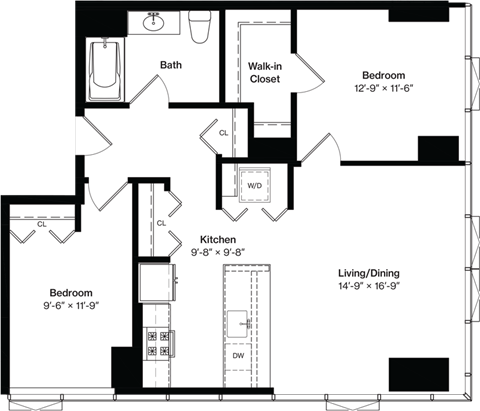 Floor plan for 2 beds, 1 bath, 985 sqft