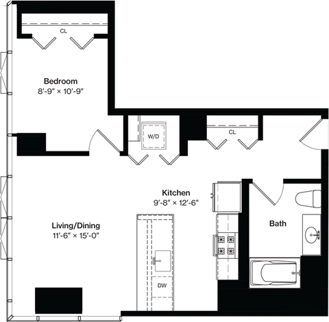 Floor plan for 1 bed, 1 bath, 765 sqft