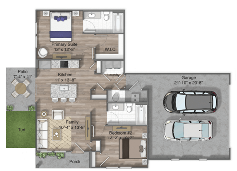 Floor plan for 2 beds, 2 baths, 958 sqft