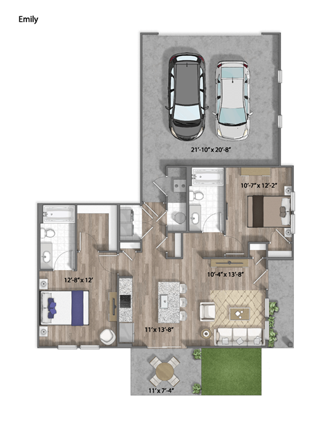 Floor plan for 2 beds, 2 baths, 958 sqft