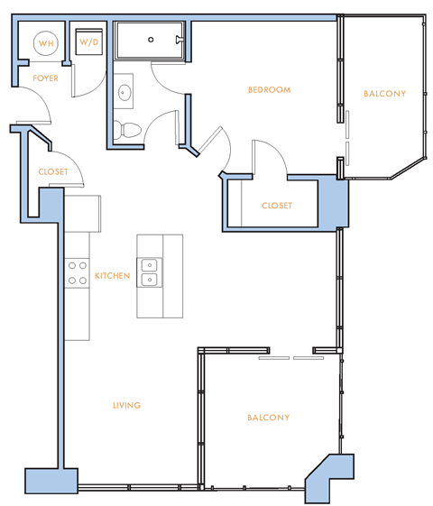 Floor plan for 1 bed, 1 bath, 849 sqft