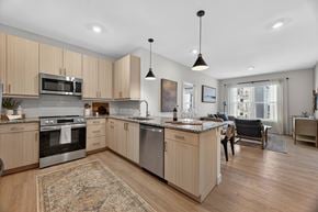 Waltham apartment for rent - A modern kitchen with wooden cabinets and stainless steel appliances.