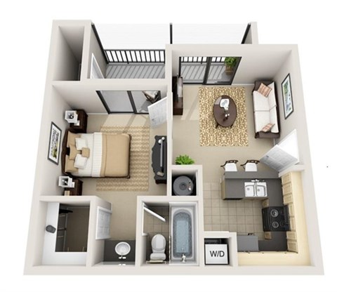 Floor plan for 1 bed, 1 bath, 645 sqft