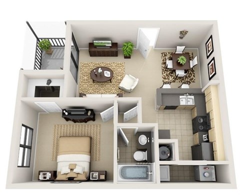Floor plan for 1 bed, 1 bath, 755 sqft