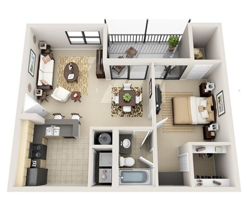 Floor plan for 1 bed, 1 bath, 875 sqft