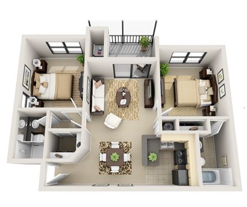 Floor plan for 2 beds, 2 baths, 980 sqft