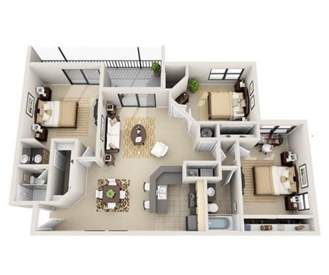 Floor plan for 3 beds, 2 baths, 1353 sqft