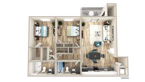 Floor plan for 2 beds, 2 baths, 1050 sqft