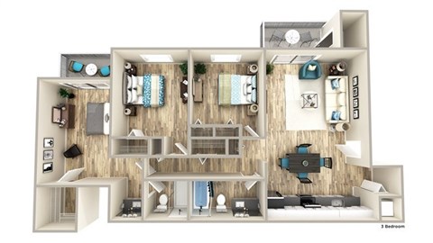 Floor plan for 3 beds, 2 baths, 1300 sqft