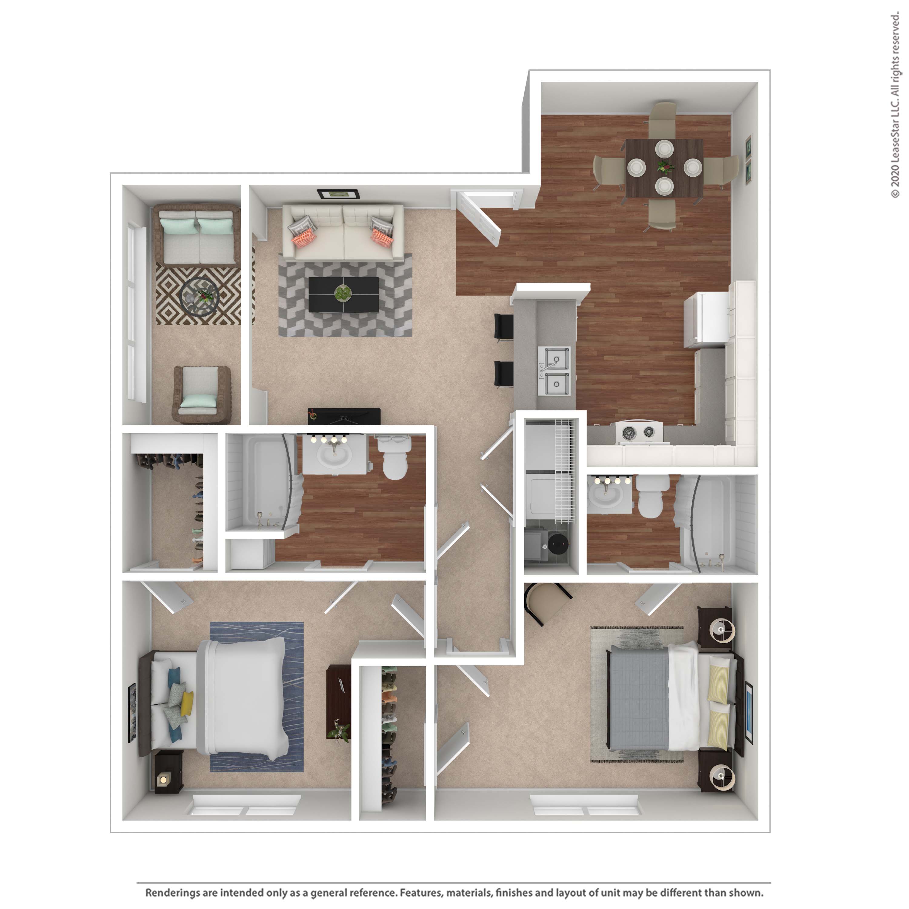 Floor plan for 2 beds, 2 baths, 1101 sqft