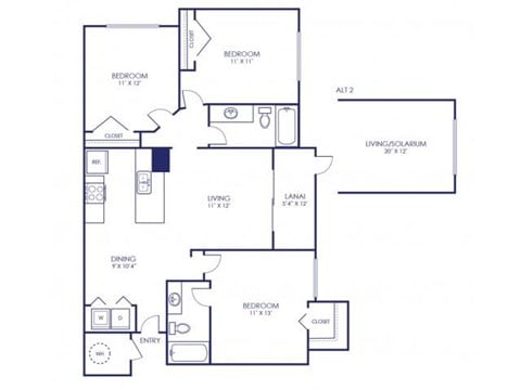 Floor plan for 3 beds, 2 baths, 1087 sqft