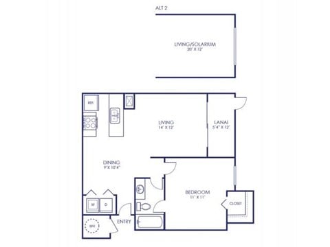 Floor plan for 1 bed, 1 bath, 672 sqft