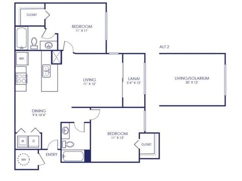 Floor plan for 2 beds, 2 baths, 979 sqft