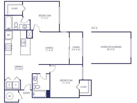 Floor plan for 2 beds, 2 baths, 979 sqft