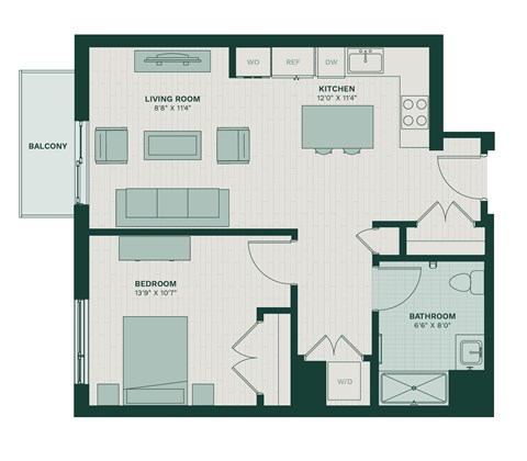 Floor plan for 1 bed, 1 bath, 767 sqft