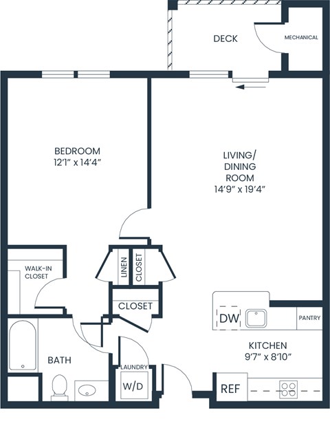 Floor plan for 1 bed, 1 bath, 783 sqft