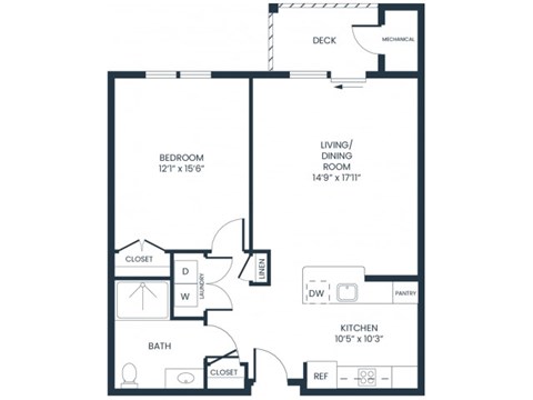 Floor plan for 1 bed, 1 bath, 783 sqft