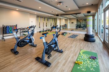 Yoga studio with virtual fitness training classes