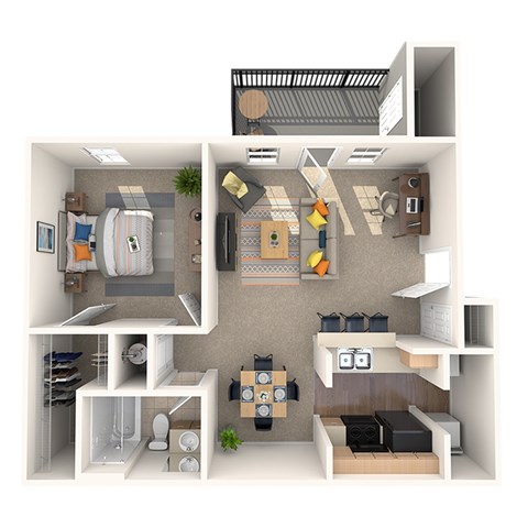 Floor plan for 1 bed, 1 bath, 649 sqft