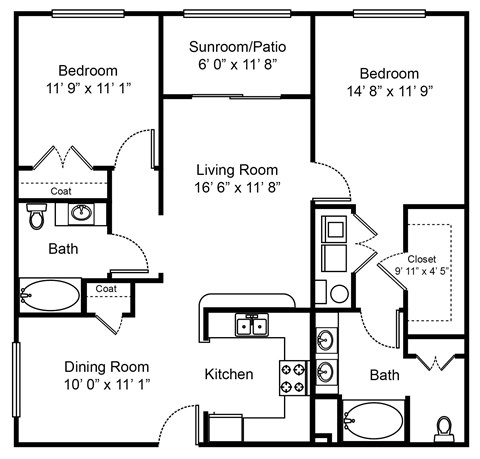 Floor plan for 2 beds, 2 baths, 1170 sqft