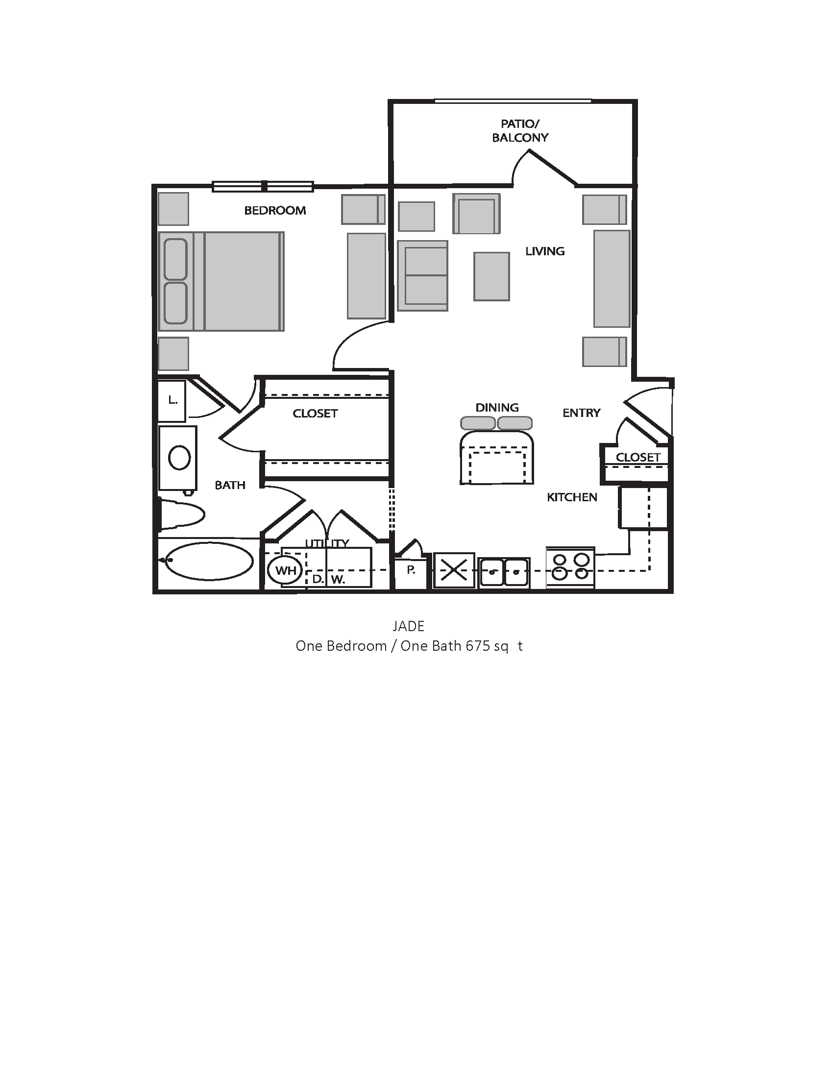 Floor plan for 1 bed, 1 bath, 675 sqft