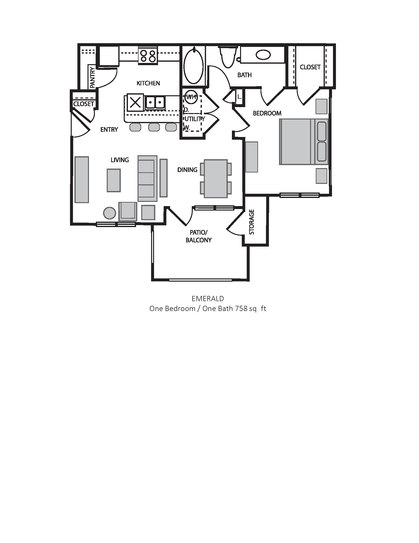Floor plan for 1 bed, 1 bath, 758 sqft