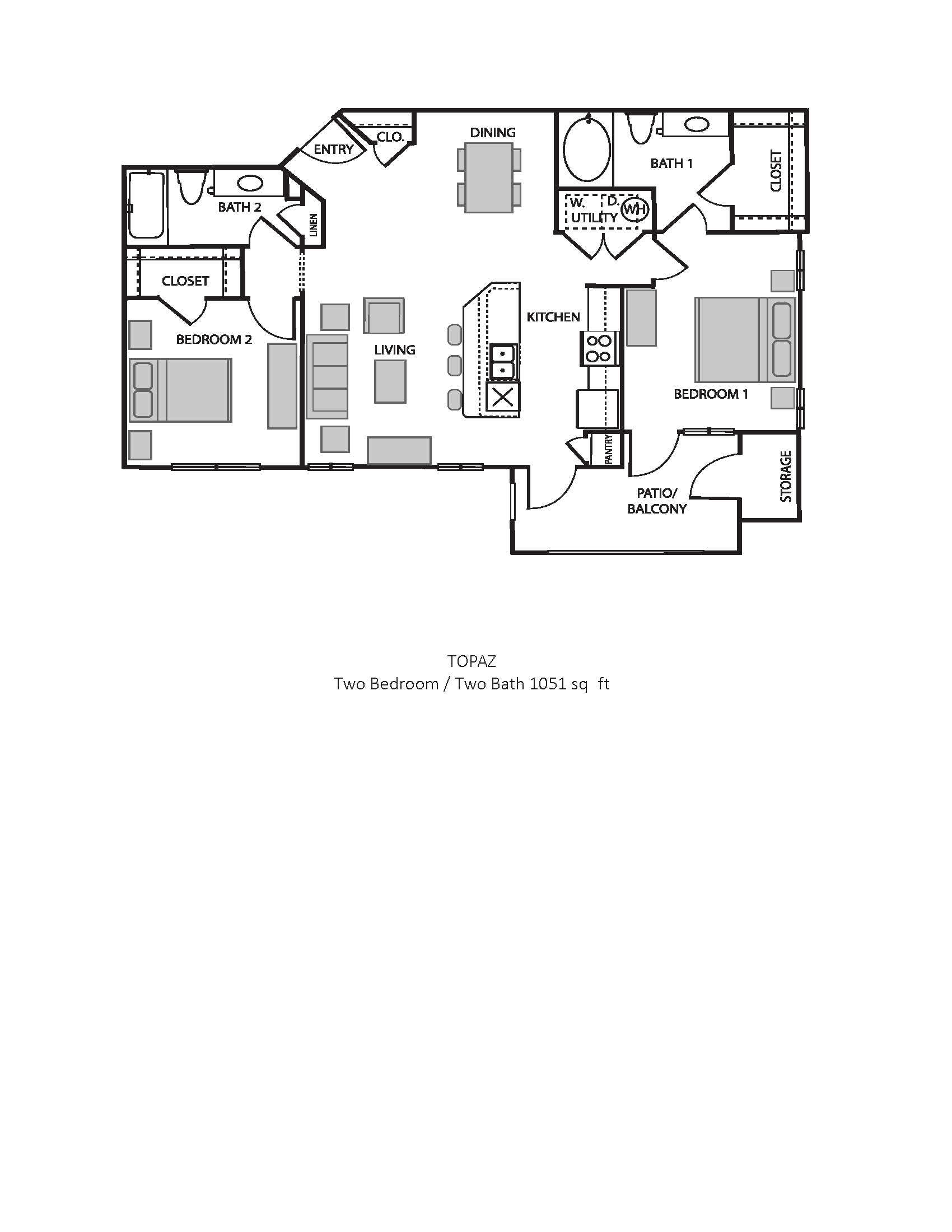 Floor plan for 2 beds, 2 baths, 1051 sqft