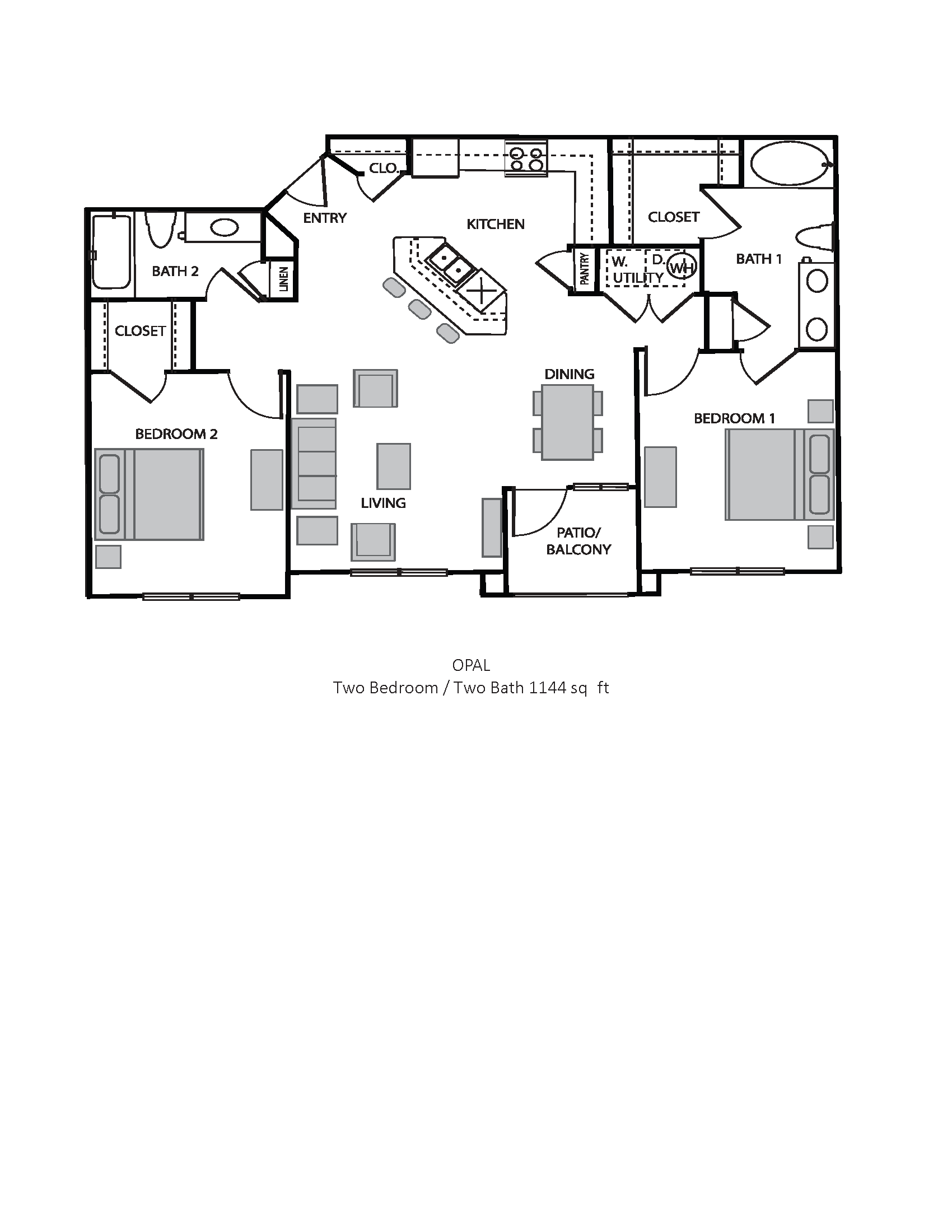 Floor plan for 2 beds, 2 baths, 1144 sqft