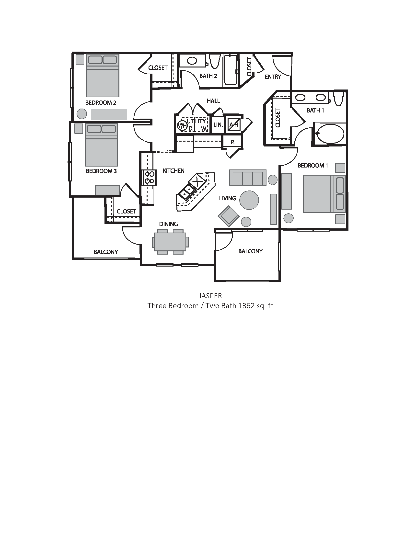 Floor plan for 3 beds, 2 baths, 1362 sqft