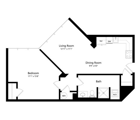 Floor plan for 1 bed, 1 bath, 736 sqft