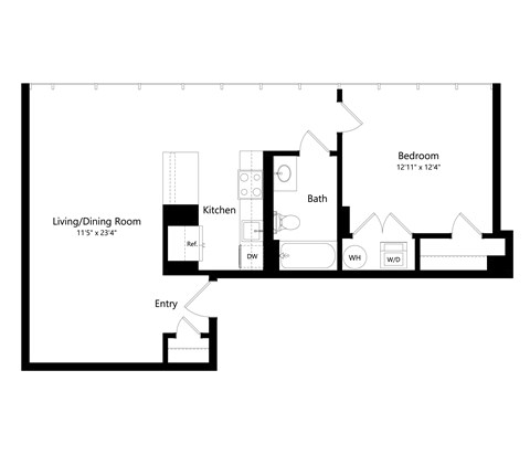 Floor plan for 1 bed, 1 bath, 722 sqft