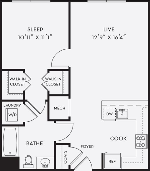 Floor plan for 1 bed, 1 bath, 701 sqft