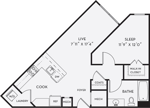 Floor plan for 1 bed, 1 bath, 656 sqft
