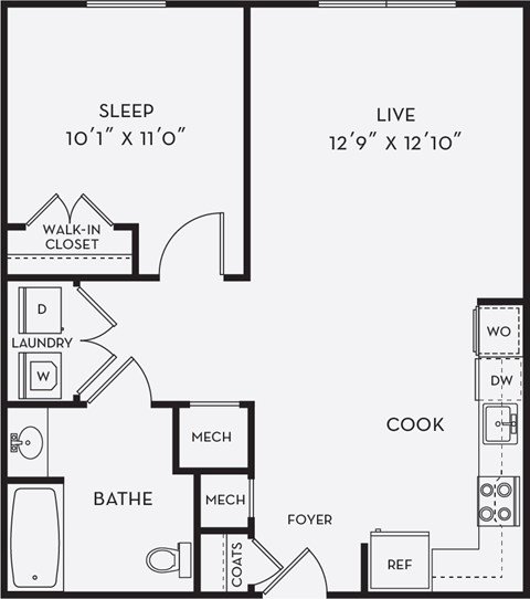 Floor plan for 1 bed, 1 bath, 685 sqft