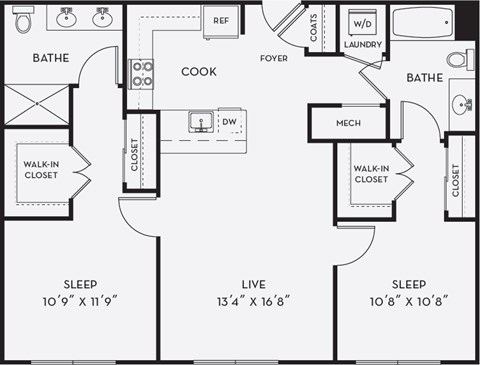 Floor plan for 2 beds, 2 baths, 1062 sqft